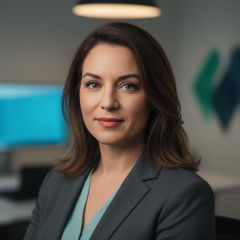 Marta Holubová pri pracovnom stole s poznámkami a monitorom v poradenskej kancelárii