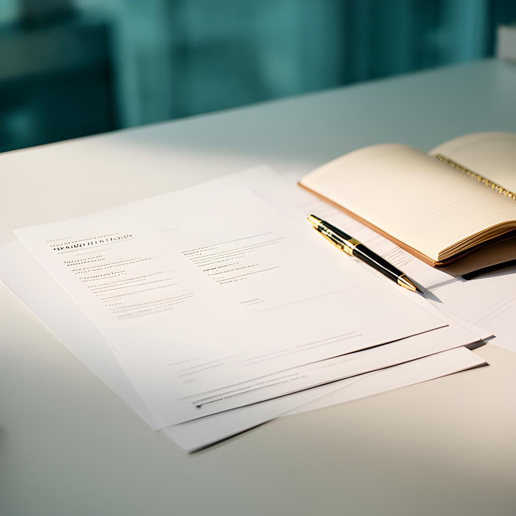 Zložené zmluvy, pero a notebook na stole v pokojnej kancelárii s prirodzeným svetlom