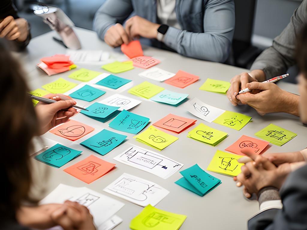 Poradenský workshop s farebnými kartami procesu na stole a účastníkmi pri aktívnej diskusii
