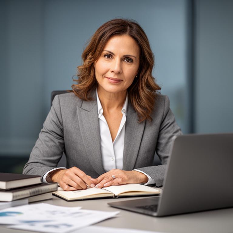 Terézia Vrbová pri pracovnom stole s poznámkami, notebookom a tichou poradenskou kanceláriou