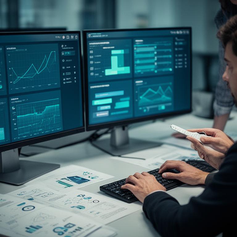 Analytik sleduje dashboardy na dvoch monitoroch v kancelárii s poznámkami o digitálnom procese