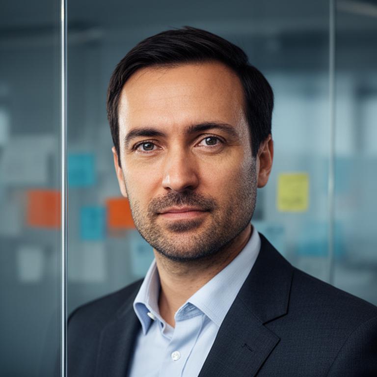 Peter Navrátil stojaci pri sklenenej tabuli s poznámkami v modernej kancelárii
